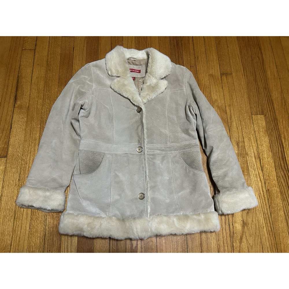 Gloria Vanderbilt Womens Leather Jacket Fur Vintage Retro Boho Hippie Coat sz L